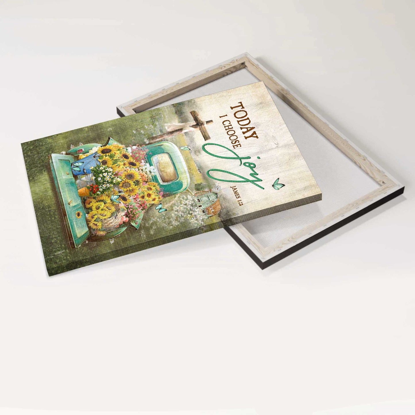 Jesus Portrait Canvas - Sunflower Car, Flower Field, Wooden Cross Canvas - Gift For Christian - Today I Choose Joy Canvas