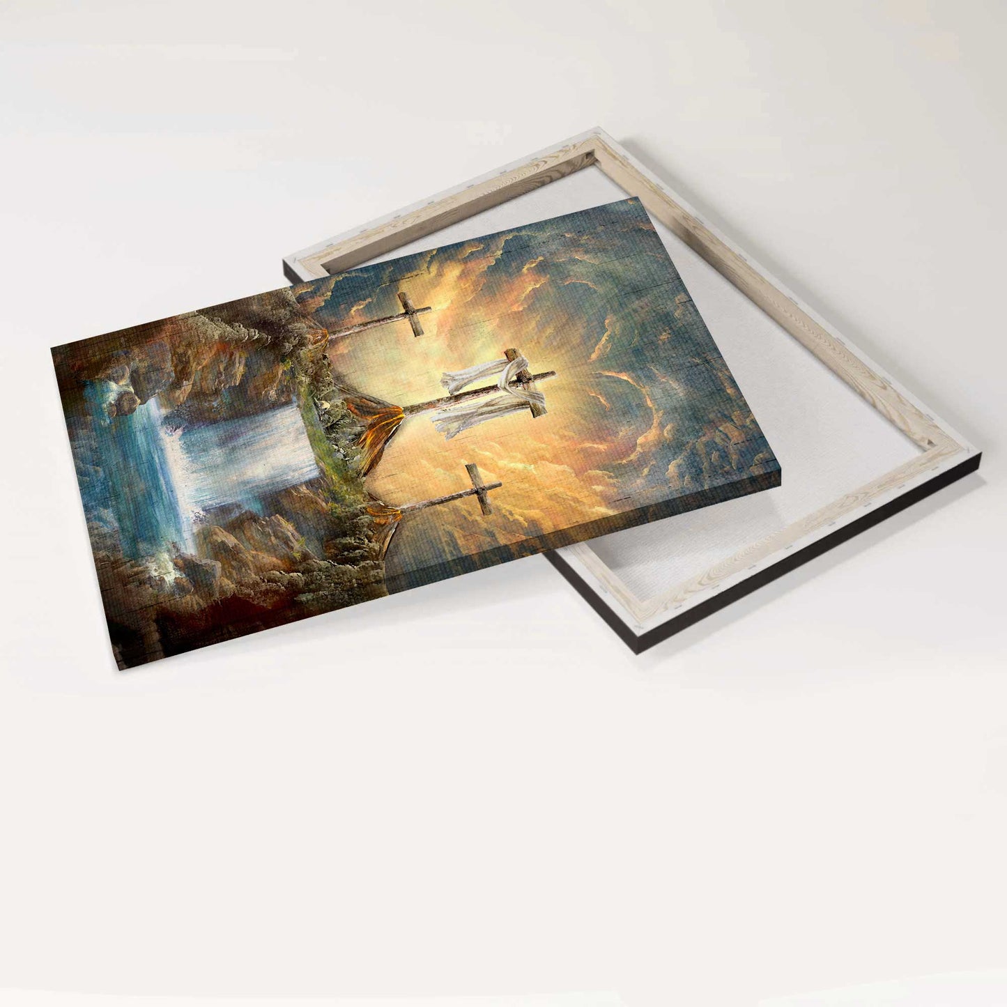 Jesus Portrait Canvas - Waterfall Painting Light From Heaven, The Three Crosses, Wooden Cross Canvas - Gift For Christian