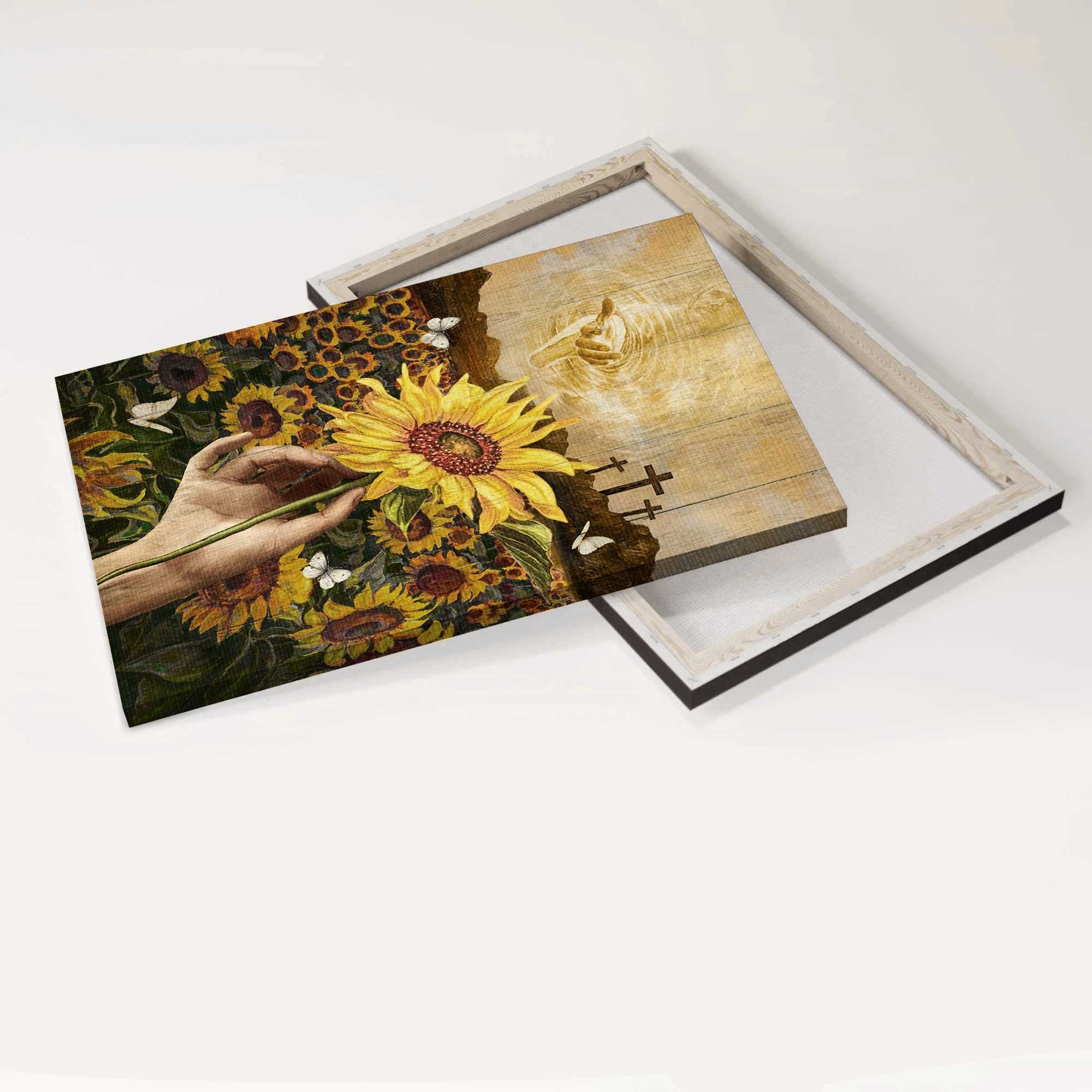 Jesus Portrait Canvas - Watercolor Sunflower, Sunflower Field, White Butterfly Canvas - Gift For Christian - Walking With Jesus Canvas
