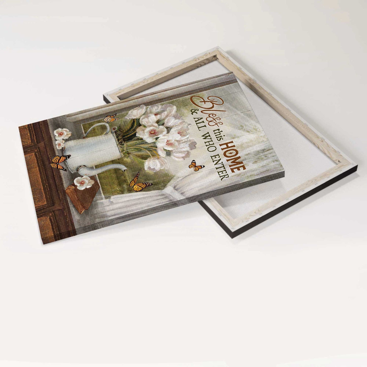 Jesus Portrait Canvas - White Tulip, Monarch Butterfly, Vintage Bible Canvas - Gift For Christian - Bless This Home Canvas