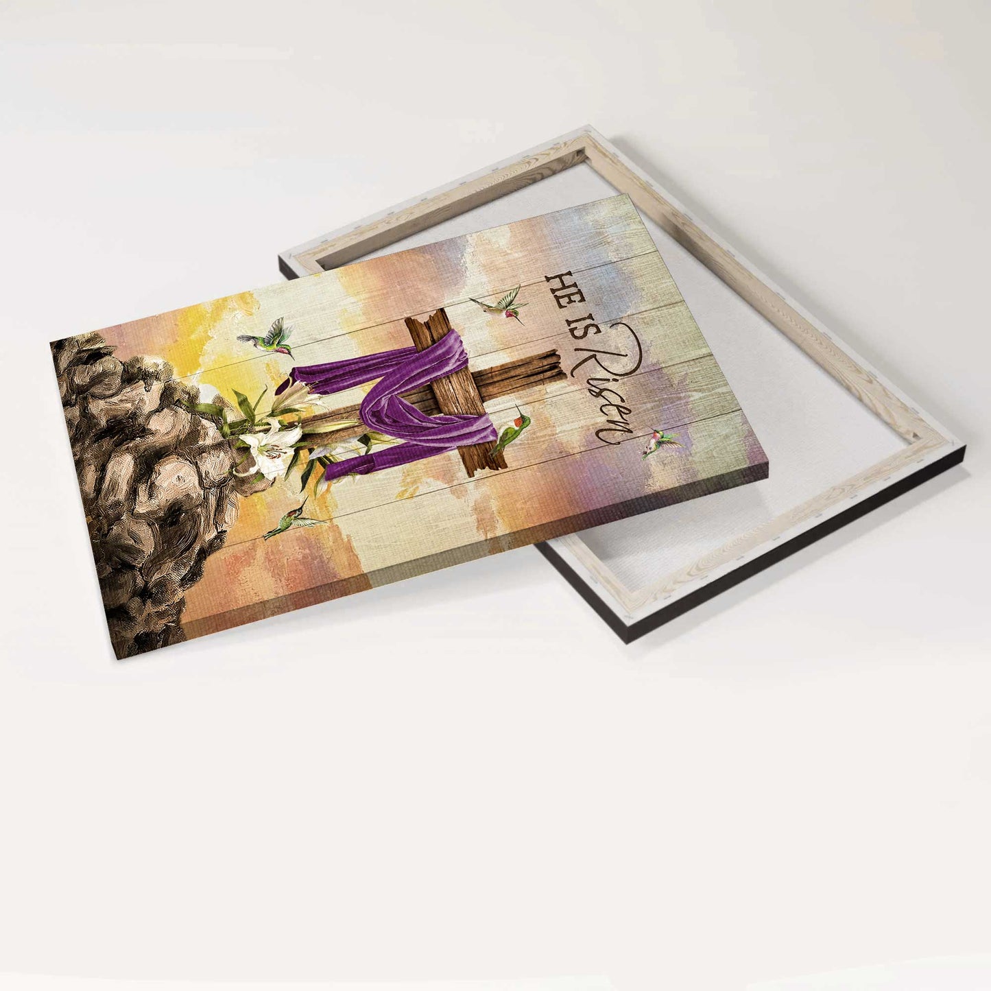 Jesus Portrait Canvas - Wooden Cross, Rock Mountain, Lily Flower, Hummingbird Canvas - Gift For Christian - He Is Risen Canvas