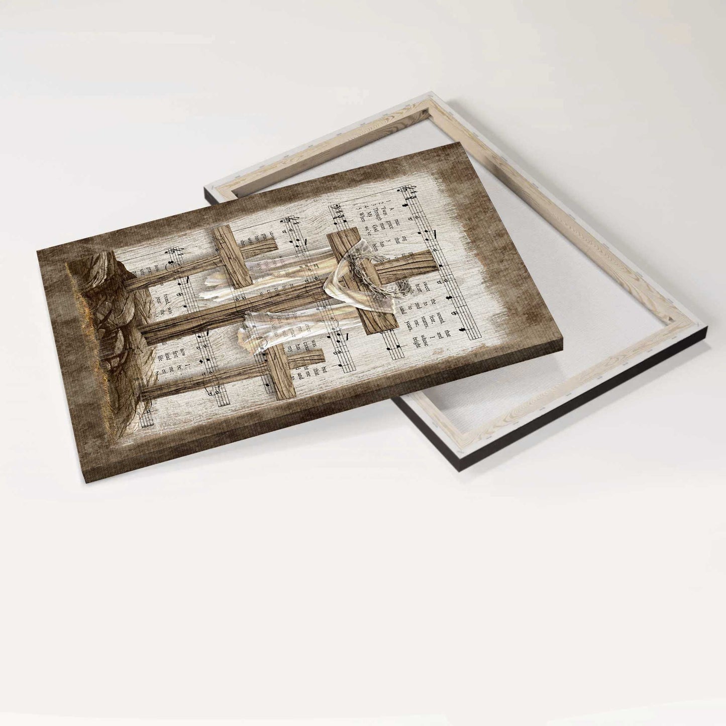 Jesus Portrait Canvas - Wooden Cross, Thorn Crown, Amazing Grace Lyrics Canvas - Gift For Christian Canvas Wall Art