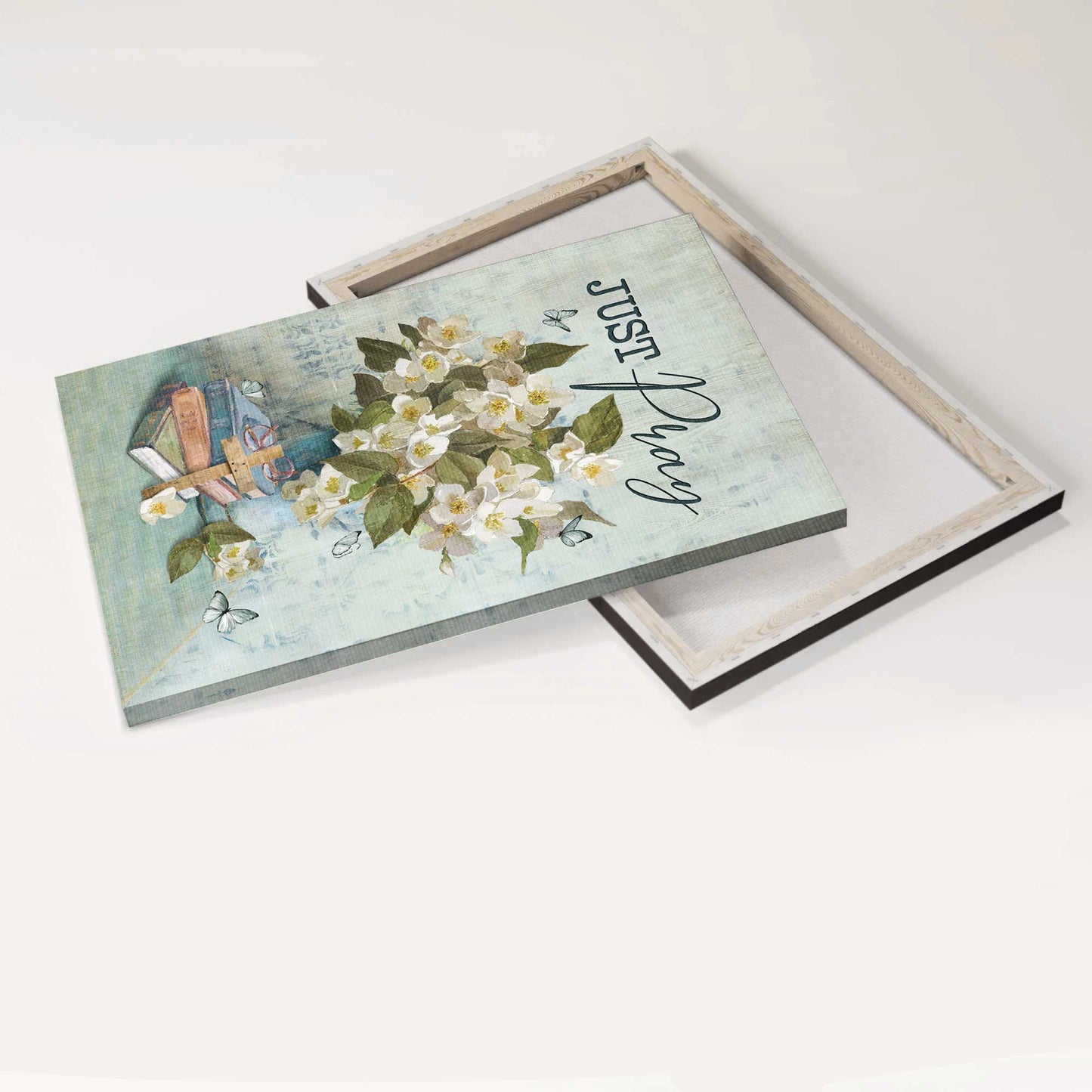 Jesus Portrait Canvas - Watercolor Jasmine, Colorful Book, Wooden Cross Canvas - Gift For Christian - Just Pray Canvas