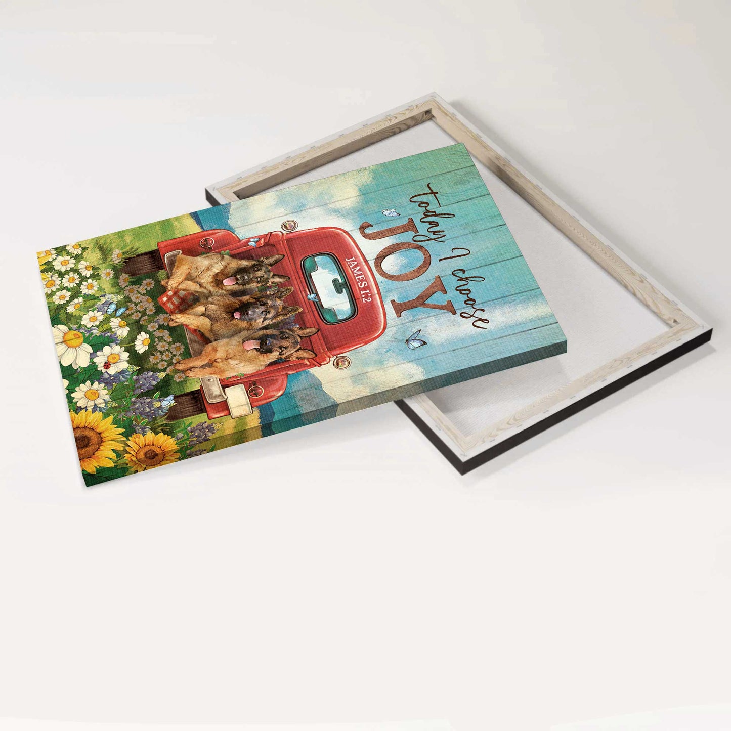 German Shepherd Portrait Canvas- German Shepherd, Lovely flower field, Awesome red truck, Butterfly- Gift for dog lover- Today I choose joy - Jesus Portrait Canvas Prints, Christian Wall Art