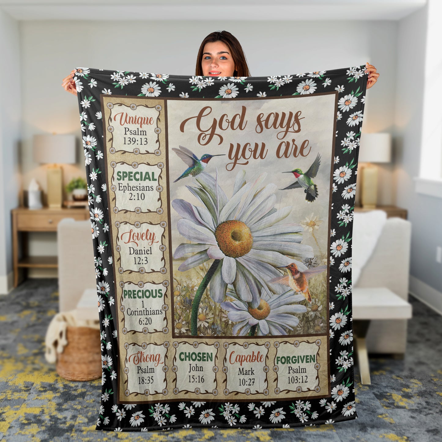 Christian Throw Blanket, Faith Blanket, Jesus Blanket, Inspirational Gift, Daisy And Hummingbird Blanket - God Says You Are Blanket