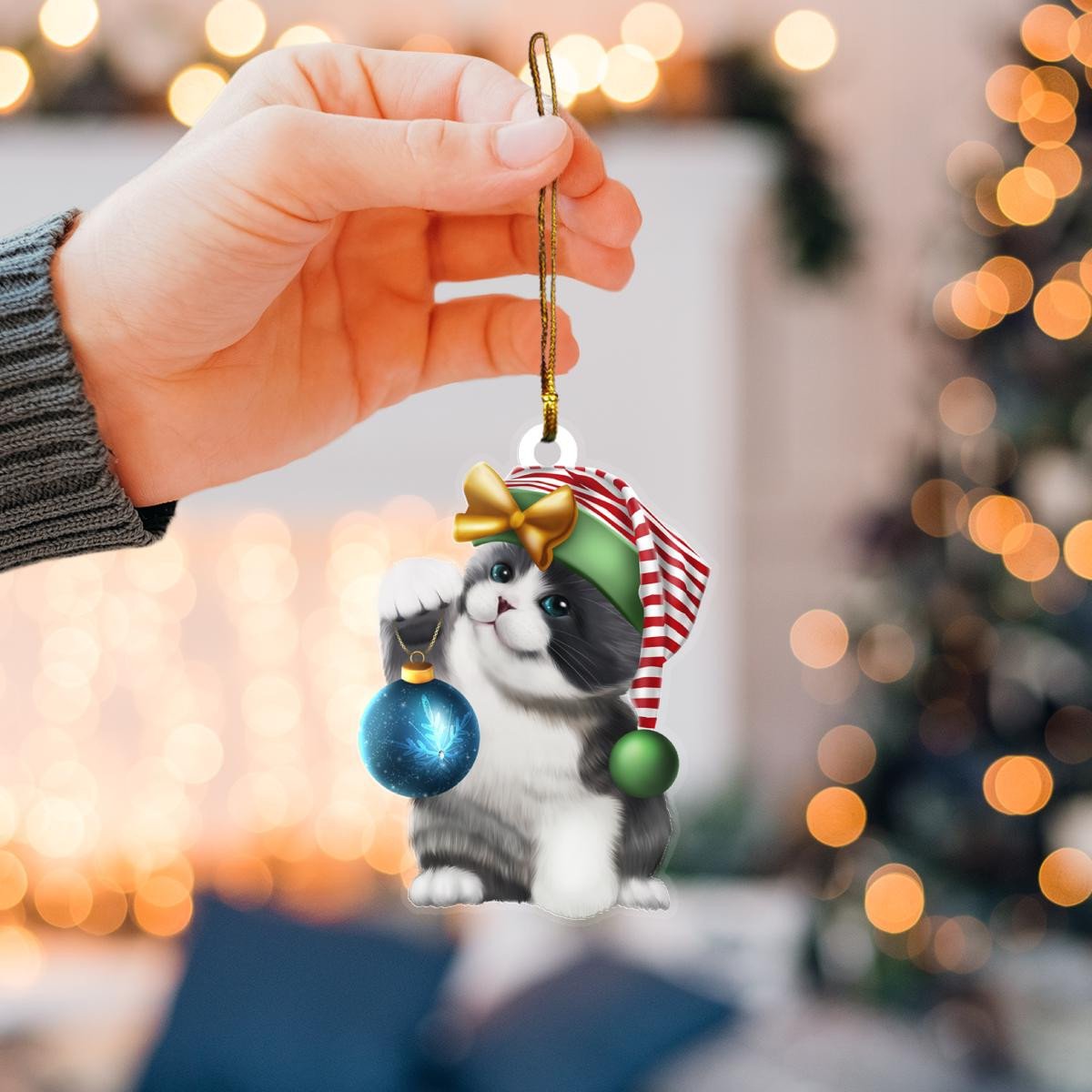 Bicolor British Shorthair Cat Santa Claus Hair Custom Plastic Acrylic Ornaments Xmas Gifts for Family Friends