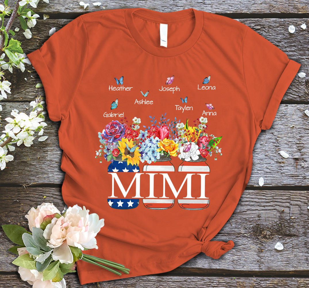 Mimi and Kids Custom Name T-shirt, Grandma Shirt , Flower Vase Flag American Personalized Shirt - Perfect Gift For Gigi, Nana, Mimi, Grandma