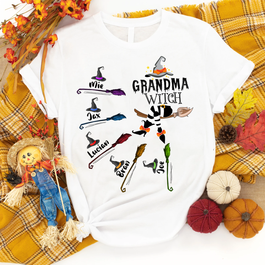 Grandma and Kids Custom Name T-shirt, Grandma Witch And Broom Kids Personalized Shirt - Perfect Gift For Gigi, Nana, Mimi, Grandma