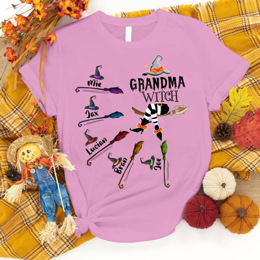 Grandma and Kids Custom Name T-shirt, Grandma Witch And Broom Kids Personalized Shirt - Perfect Gift For Gigi, Nana, Mimi, Grandma