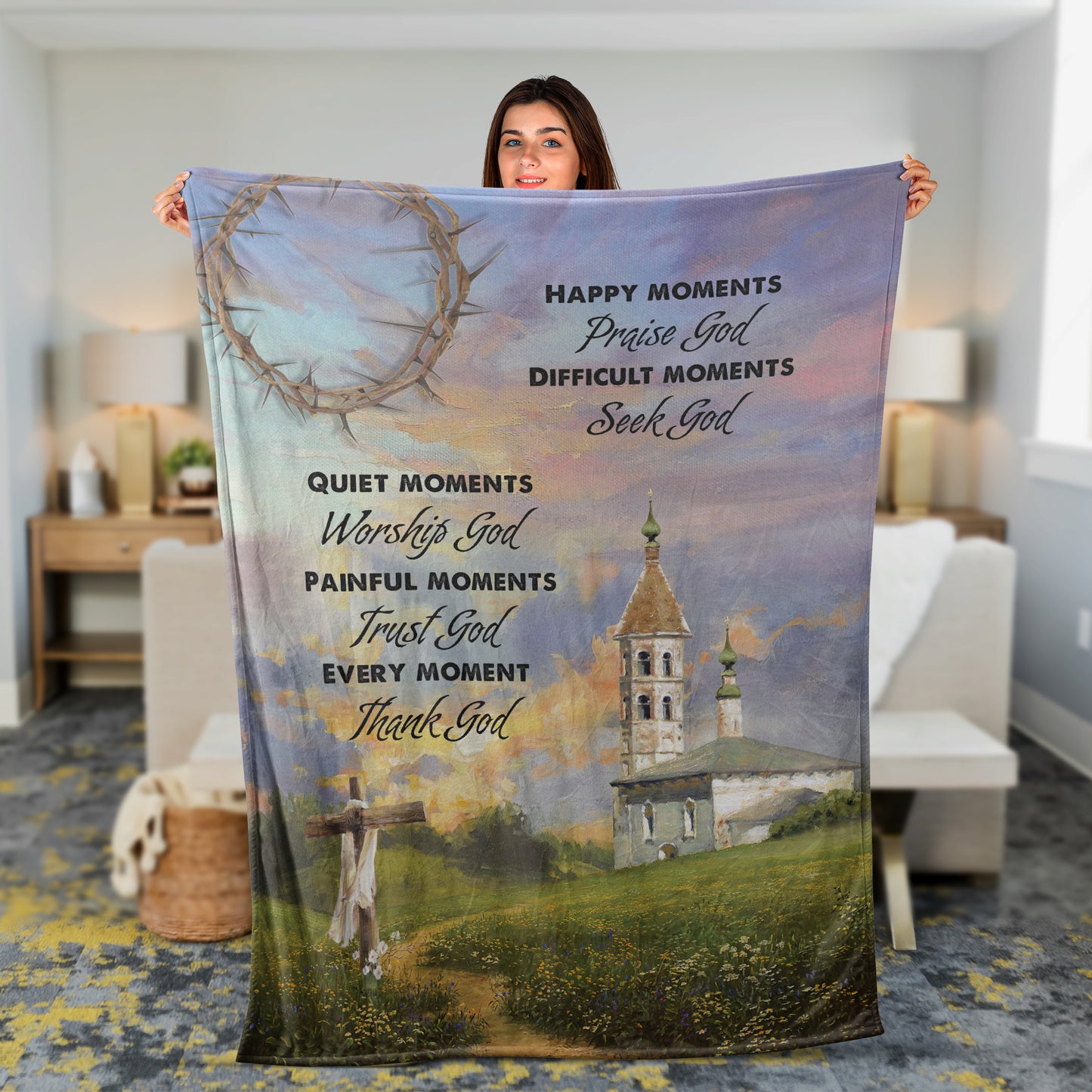 Christian Throw Blanket, Faith Blanket, Jesus Blanket, Inspirational Gift - Old Castle, Sunset Painting, Every Moment Thank God