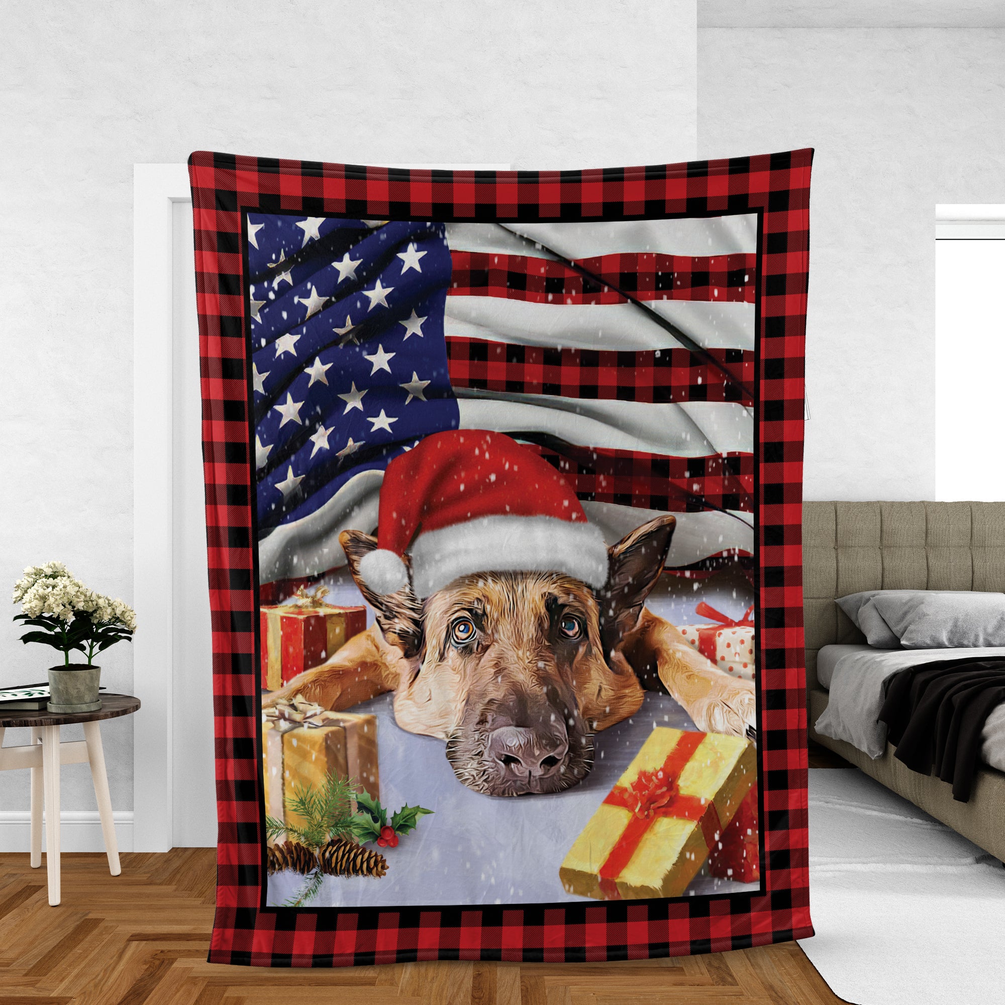 German Shepherd Christmas Blanket, Best Gift For German Shepherd Mom, Dad, German Shepherd Lover, Dog Lovers Christmas Gift, Beautiful Us Flag
