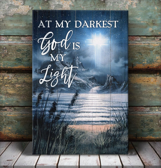 Jesus Portrait Canvas - Path on water, Light Cross Portrait Canvas - Gift For Christian - At my darkest God is my light Portrait Canvas