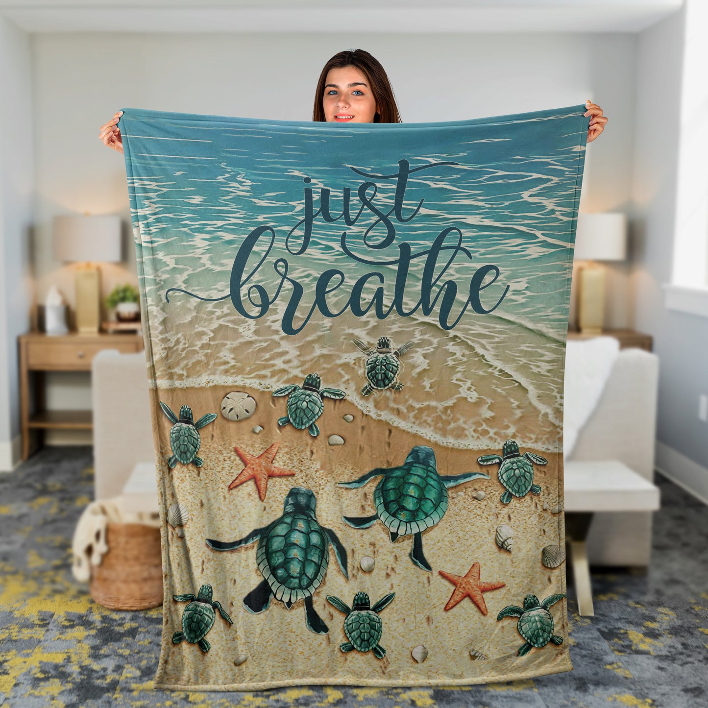 Green Sea Turtle Blanket, Ocean Drawing Blanket, Inspirational Gift, Just Breathe Blanket, Perfect Gift For Family, Friends