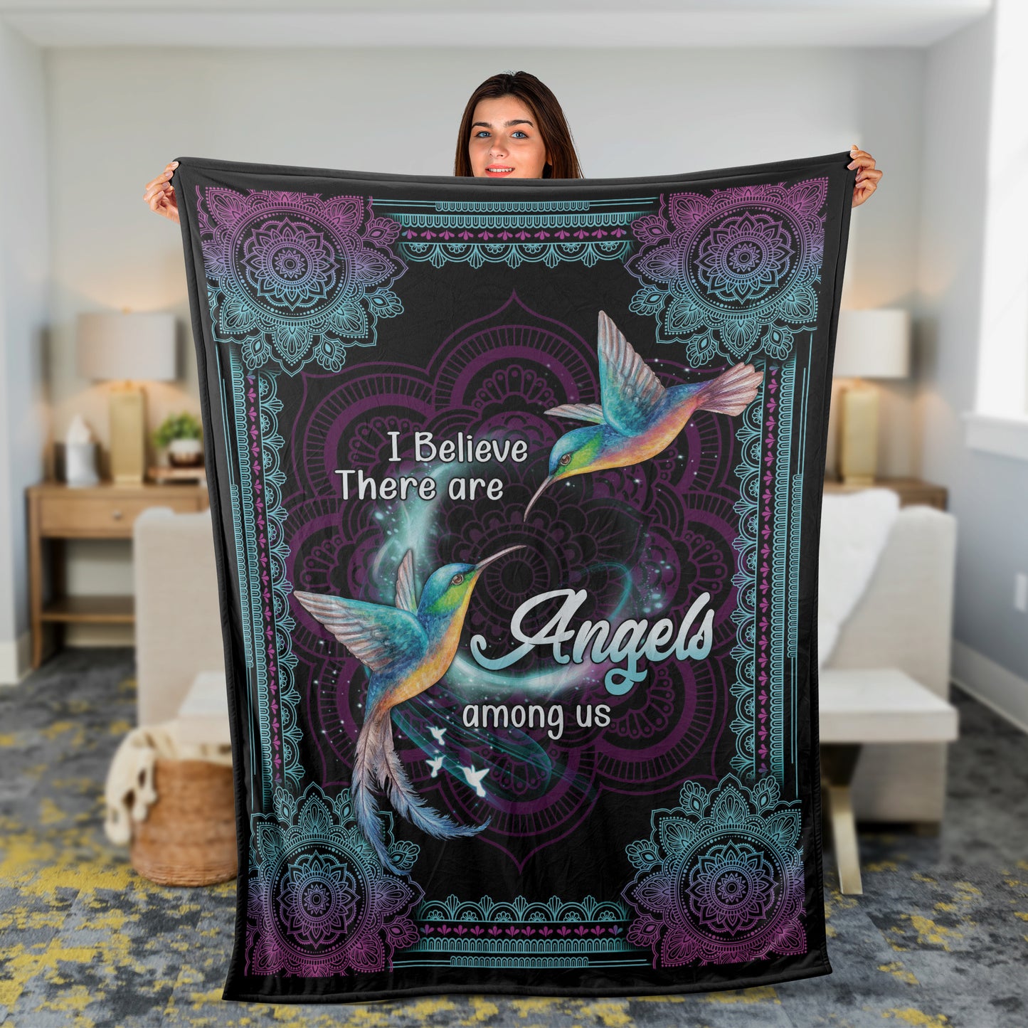 Memorial Blanket, Heaven Blanket, Hummingbird Blanket, Sympathy Gift, Remembrance Gift - I Believe There Are Angels Among Us