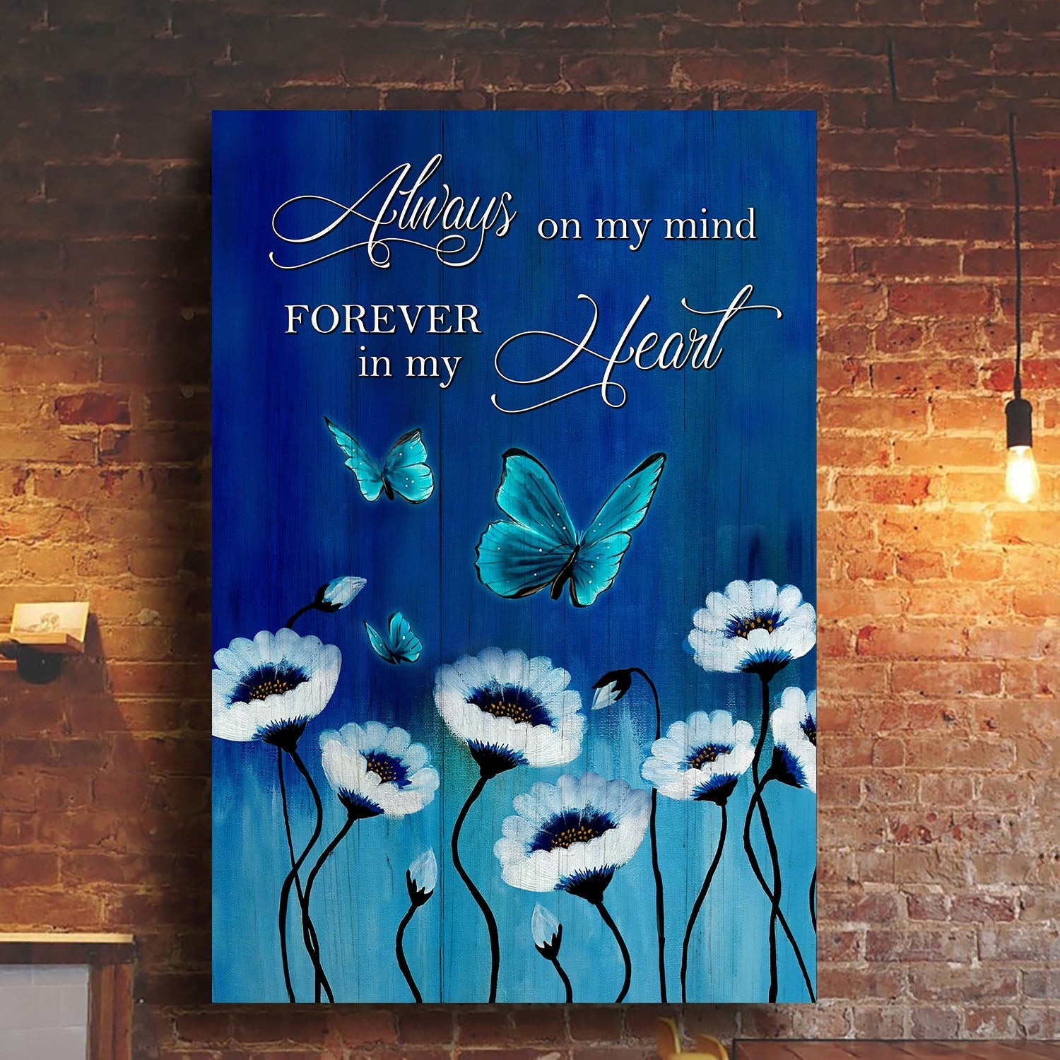 Memorial Portrait Canvas- Blue Butterfly, Flower, canvas- Gift for members family- Always on my mind, forever in my heart - Heaven Portrait Canvas Prints, Wall Art
