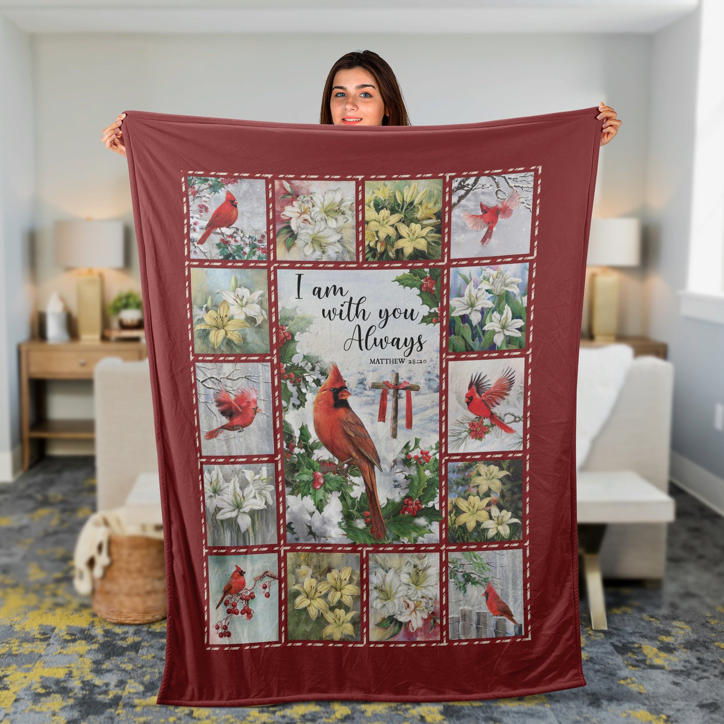 Jesus And Cardinal Blanket, Christian Throw Blanket, Faith Blanket, Inspirational Gift - Christmas Cross And Flowers Blanket, I Am With You Always