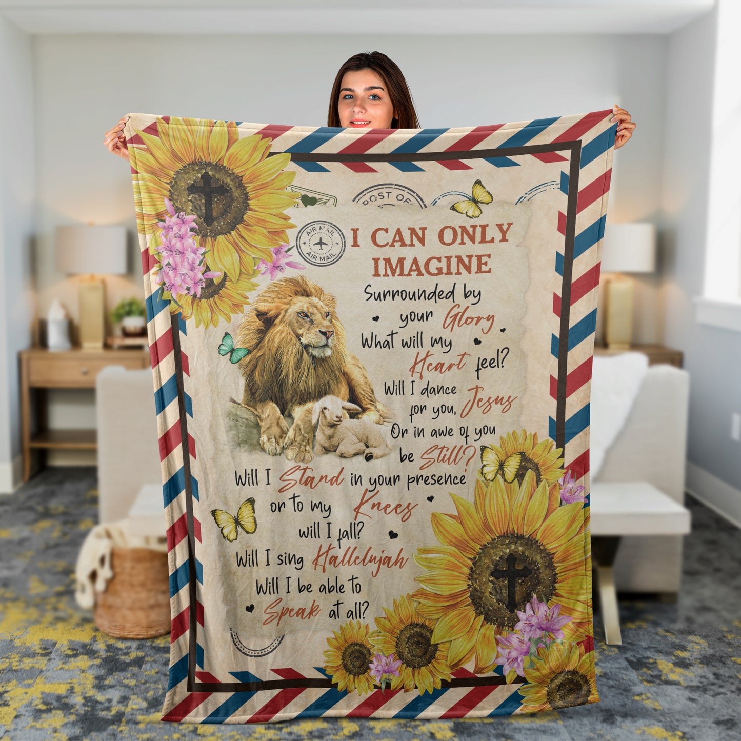 Lion And White Lamb Blanket, Sunflower And Jesus Blanket, Christian Throw Blanket, Faith Blanket, Inspirational Gift - I Can Only Imagine