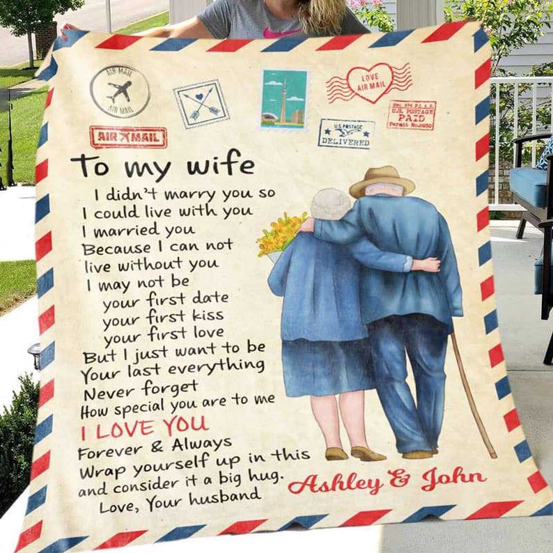 Personalized To My Wife Airmail With Old Couple Blanket, Gift From Husband, Valentine Gift For Her, Valentine Gift For Wife, Wife Birthday Gift