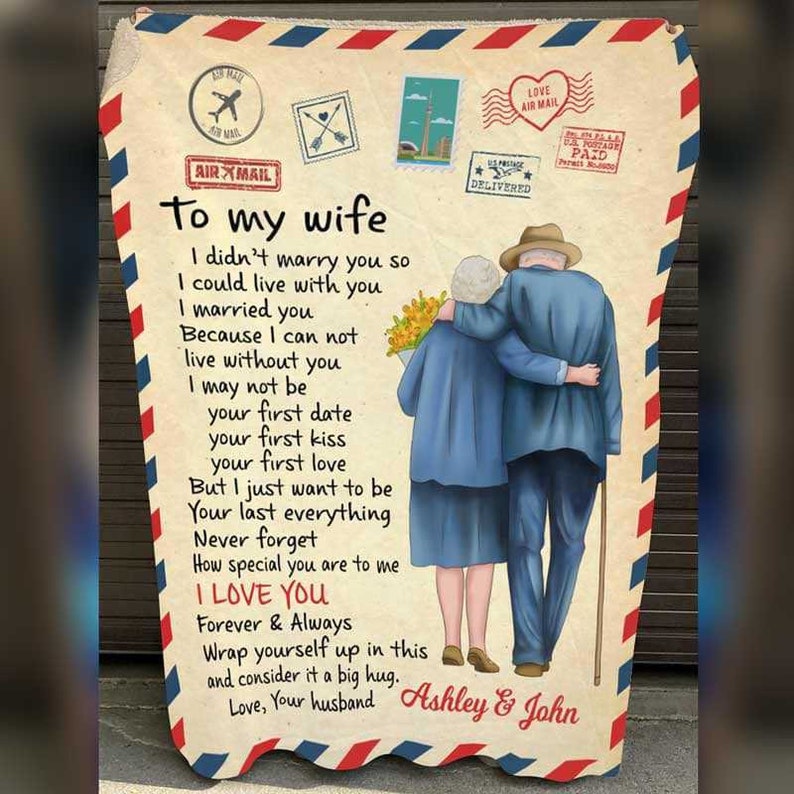 Personalized To My Wife Airmail With Old Couple Blanket, Gift From Husband, Valentine Gift For Her, Valentine Gift For Wife, Wife Birthday Gift