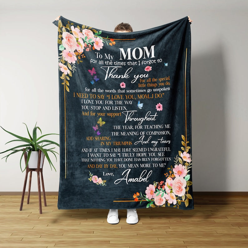 Personalized Mom Throw Blanket, To My Mom Blanket From Daughter, Blanket Custom Floral With Butterflies Art Gift For Mother's Day