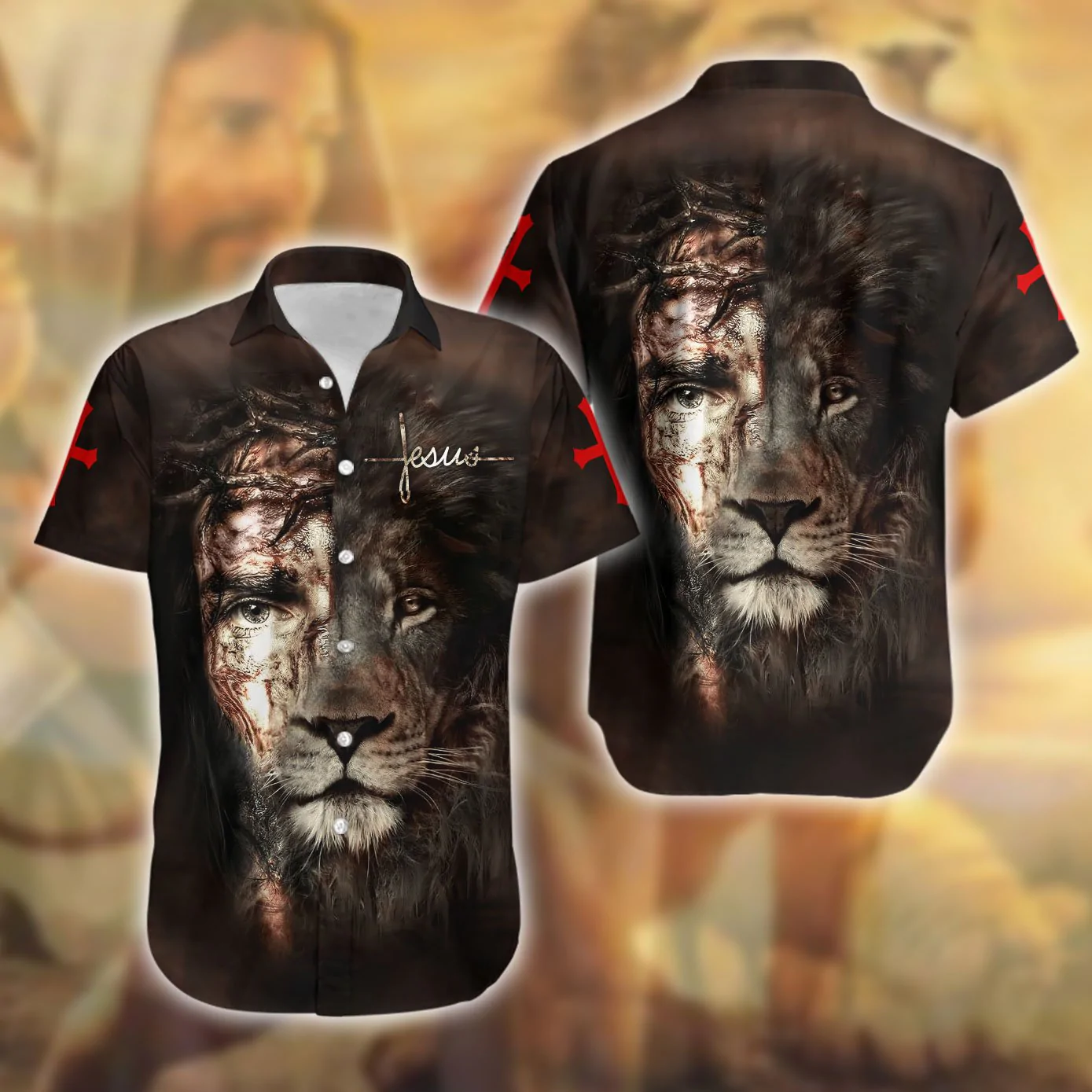 Jesus and Lion Face Cross Symbol Printed 3D Hawaiian Shirt for Men and Women