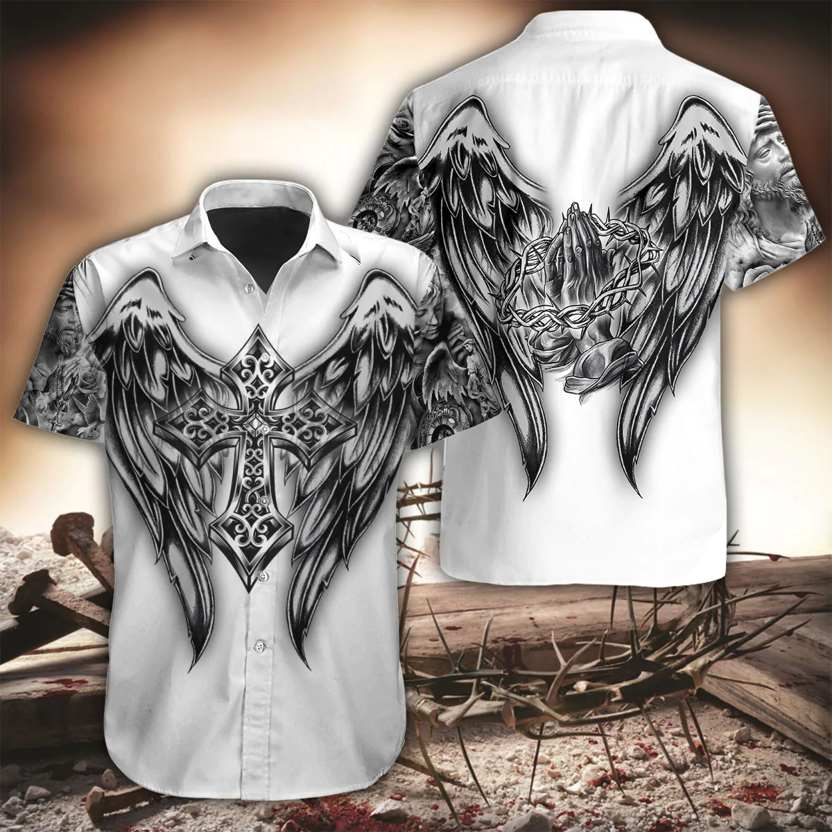 Jesus Christ Cross and Wings Printed 3D Hawaiian Shirt for Men and Women