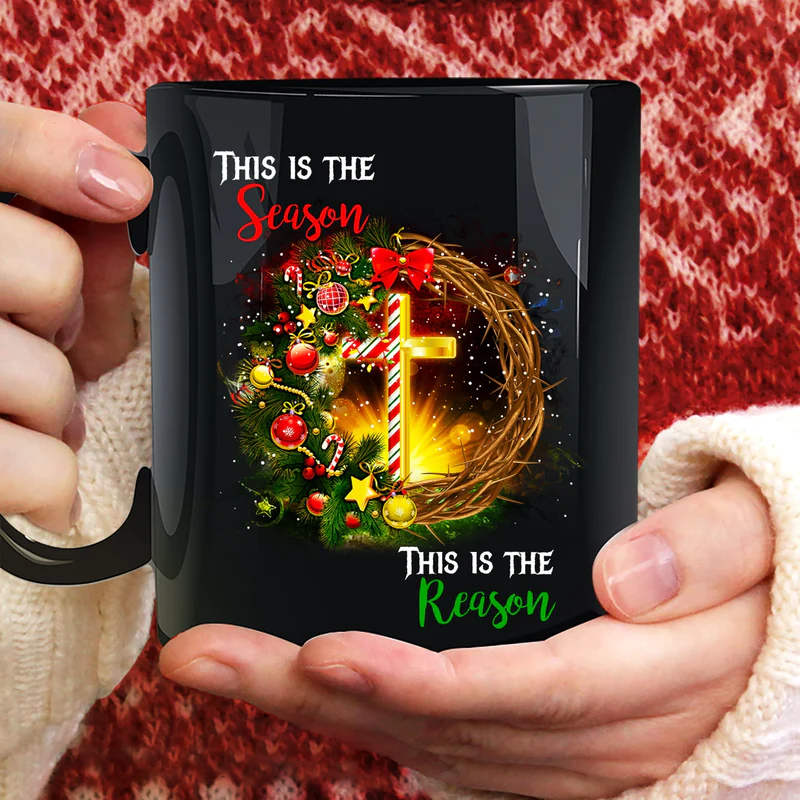 Jesus Black Mug- Christmas Wreath, Cross Symbol- Gift for Christian- This is the season - Christmas Black Mug