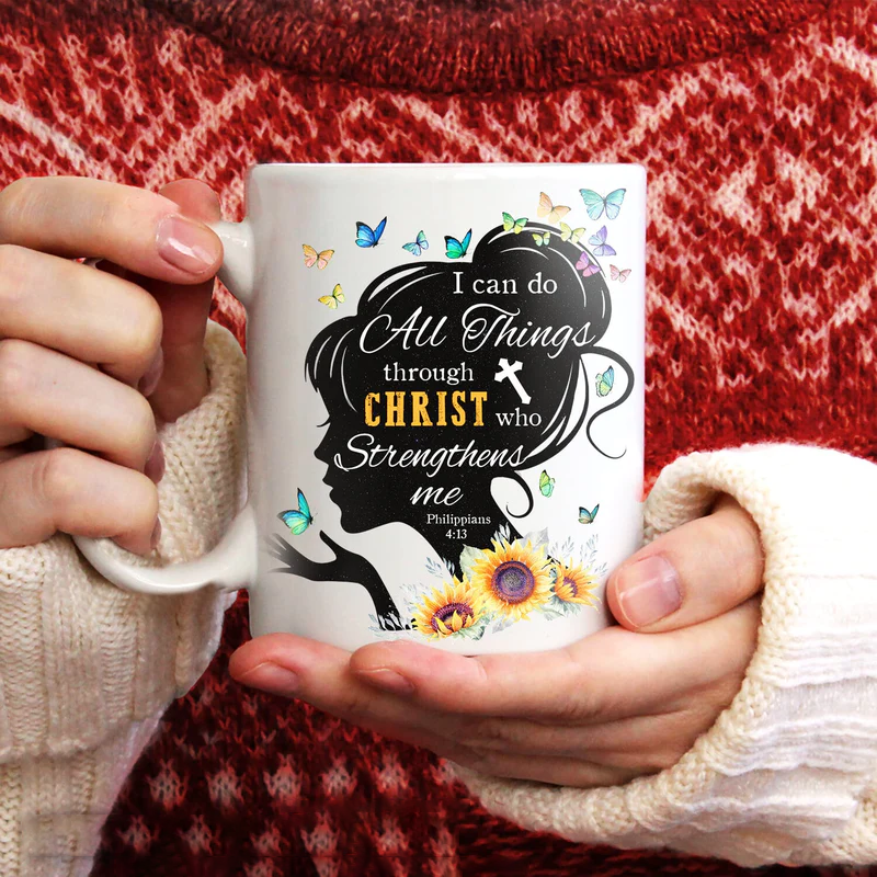 Jesus White Mug- Colorful butterfly, Sunflower painting- Gift for Christian- I can do all things through Christ who strengthens me - White Mug