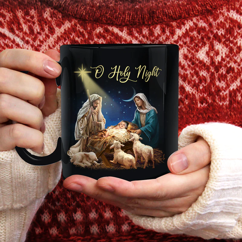 Jesus Black Mug- Lamb of God, Jesus born, Star of Bethlehem- Gift for Christian - O Holy Night- Black Mug