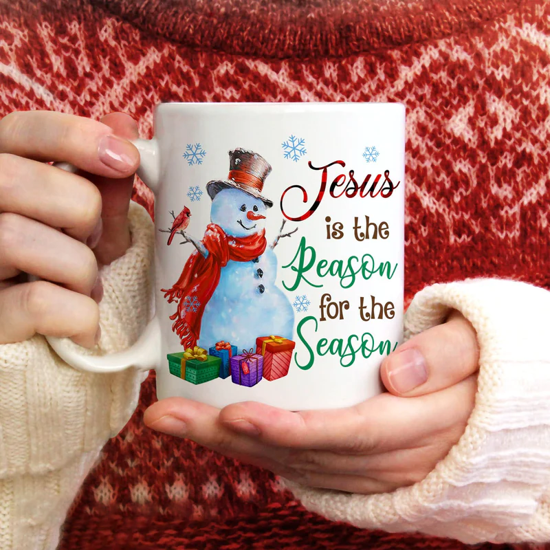 Jesus White Mug- Snowman drawing, Cardinal bird, Christmas gift- Gift for Christian- Jesus is the reason for the season - Christmas White Mug