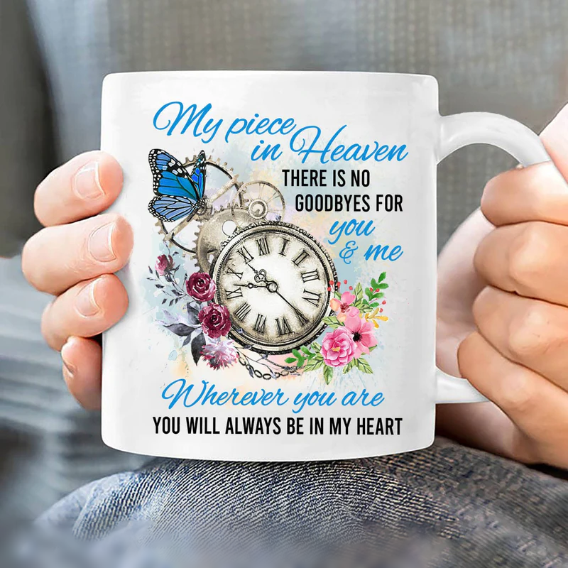 Memorial White Mug- Vintage pocket watch, Rose flower Mug - Memorial gift for members family- You will always be in my heart - Heaven White Mug