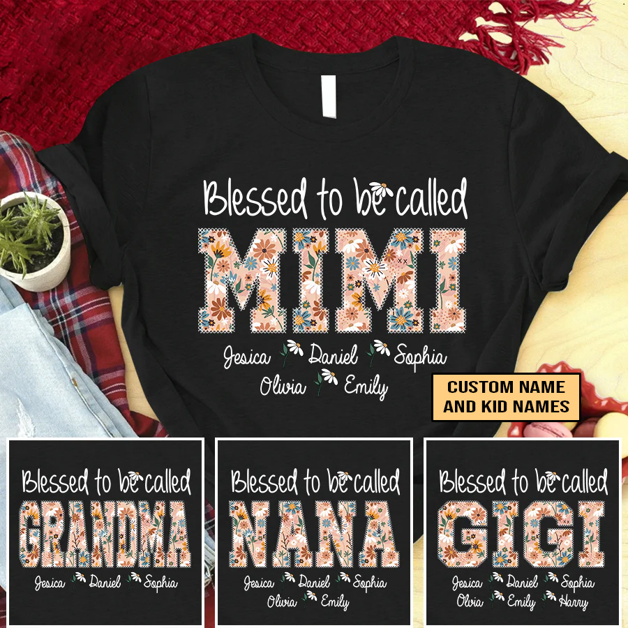 Personalized T-Shirt, Mother's Day Gift T-Shirt, Flower Blessed To Be Called Mimi And Kids Custom T-Shirt, Custom Name And Kid Names On T-Shirt
