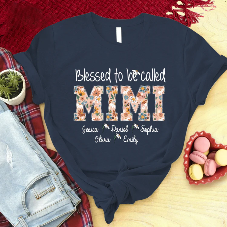 Personalized T-Shirt, Mother's Day Gift T-Shirt, Flower Blessed To Be Called Mimi And Kids Custom T-Shirt, Custom Name And Kid Names On T-Shirt