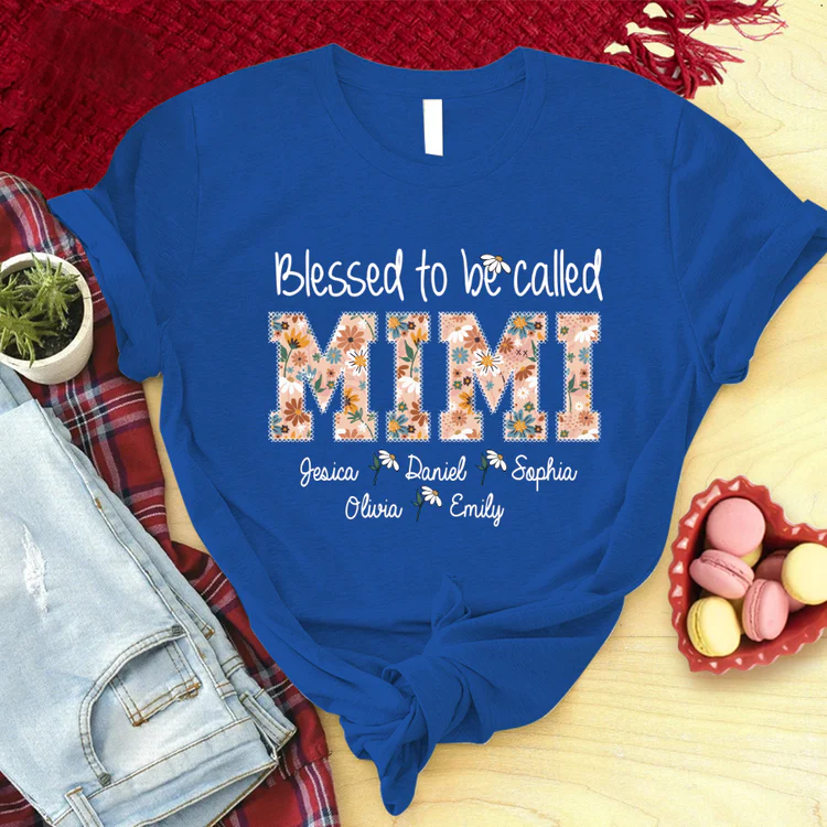Personalized T-Shirt, Mother's Day Gift T-Shirt, Flower Blessed To Be Called Mimi And Kids Custom T-Shirt, Custom Name And Kid Names On T-Shirt