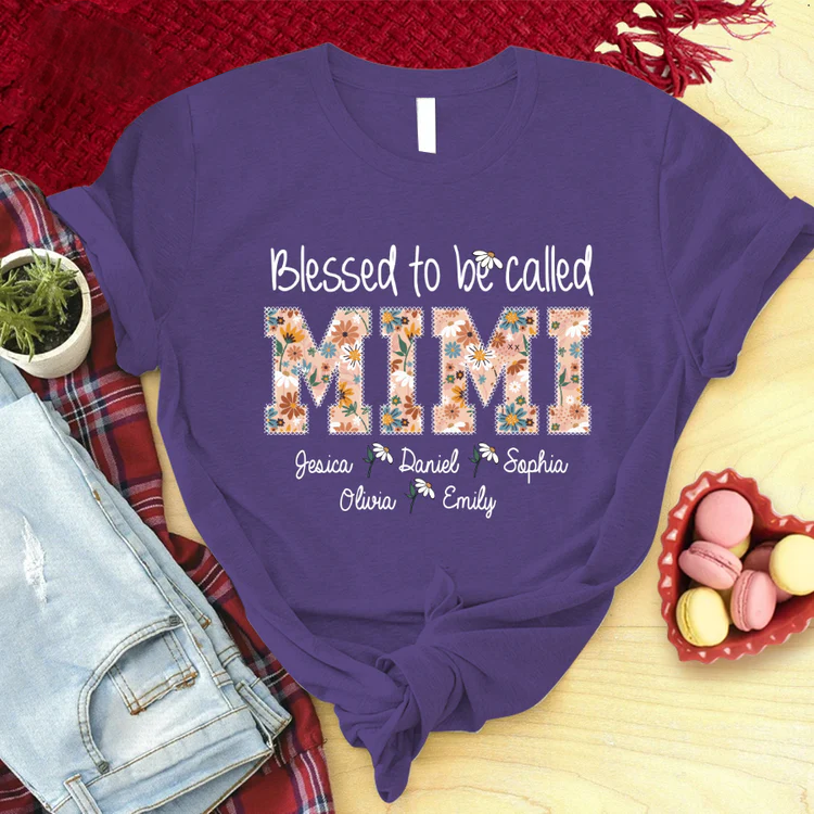 Personalized T-Shirt, Mother's Day Gift T-Shirt, Flower Blessed To Be Called Mimi And Kids Custom T-Shirt, Custom Name And Kid Names On T-Shirt
