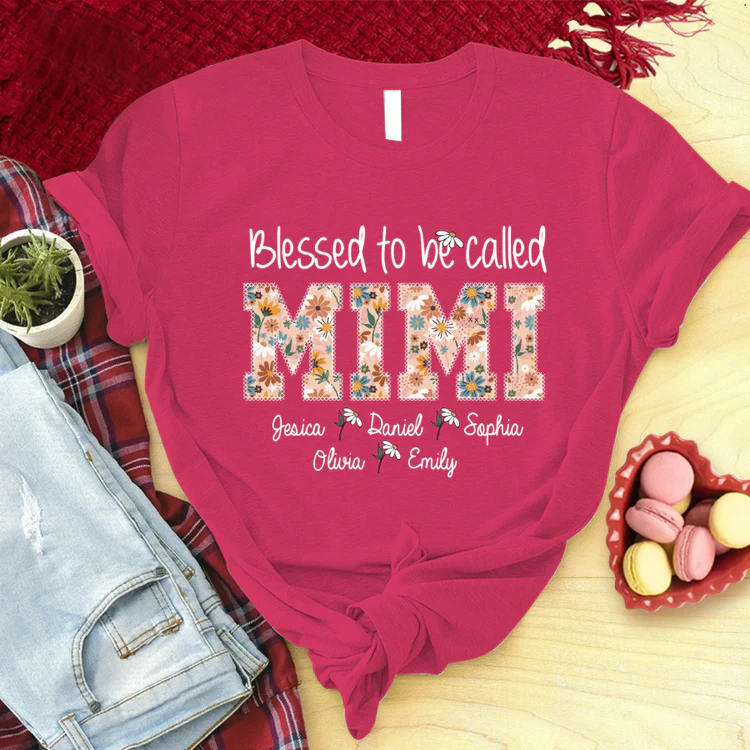 Personalized T-Shirt, Mother's Day Gift T-Shirt, Flower Blessed To Be Called Mimi And Kids Custom T-Shirt, Custom Name And Kid Names On T-Shirt