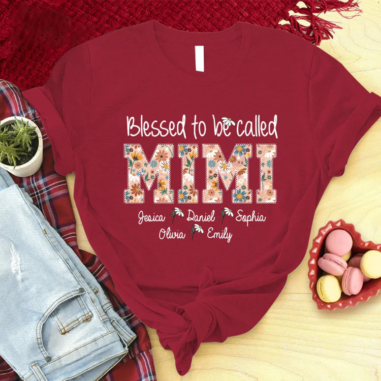 Personalized T-Shirt, Mother's Day Gift T-Shirt, Flower Blessed To Be Called Mimi And Kids Custom T-Shirt, Custom Name And Kid Names On T-Shirt