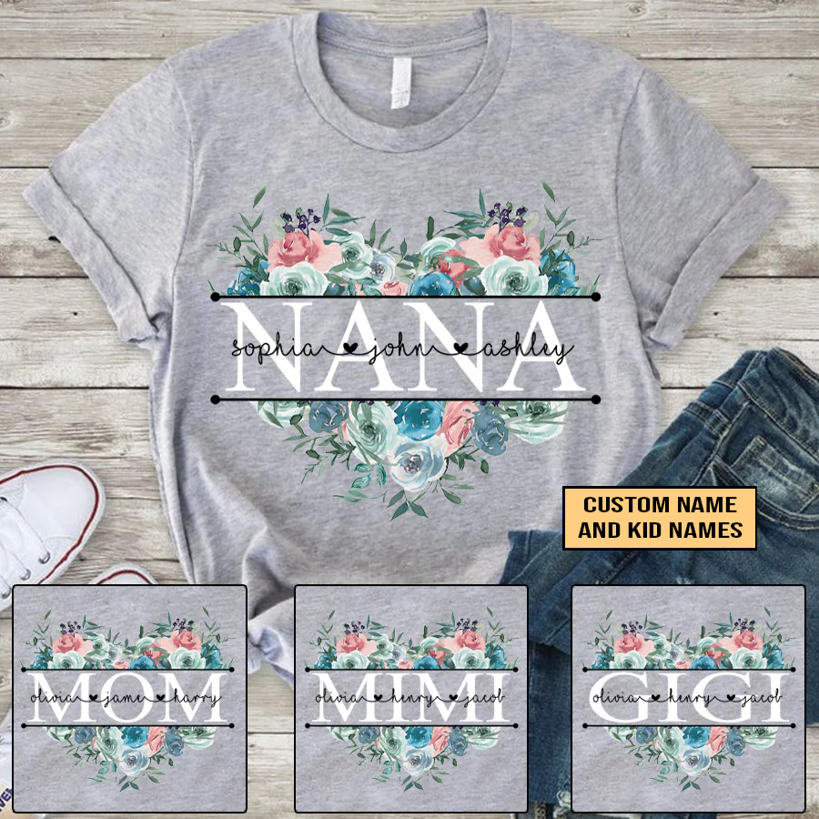Personalized T-Shirt, Mother's Day Gift T-Shirt, Pastel Peony Rose Nana And Grandkids Custom T-Shirt, Custom Name And Kid Names On T-Shirt