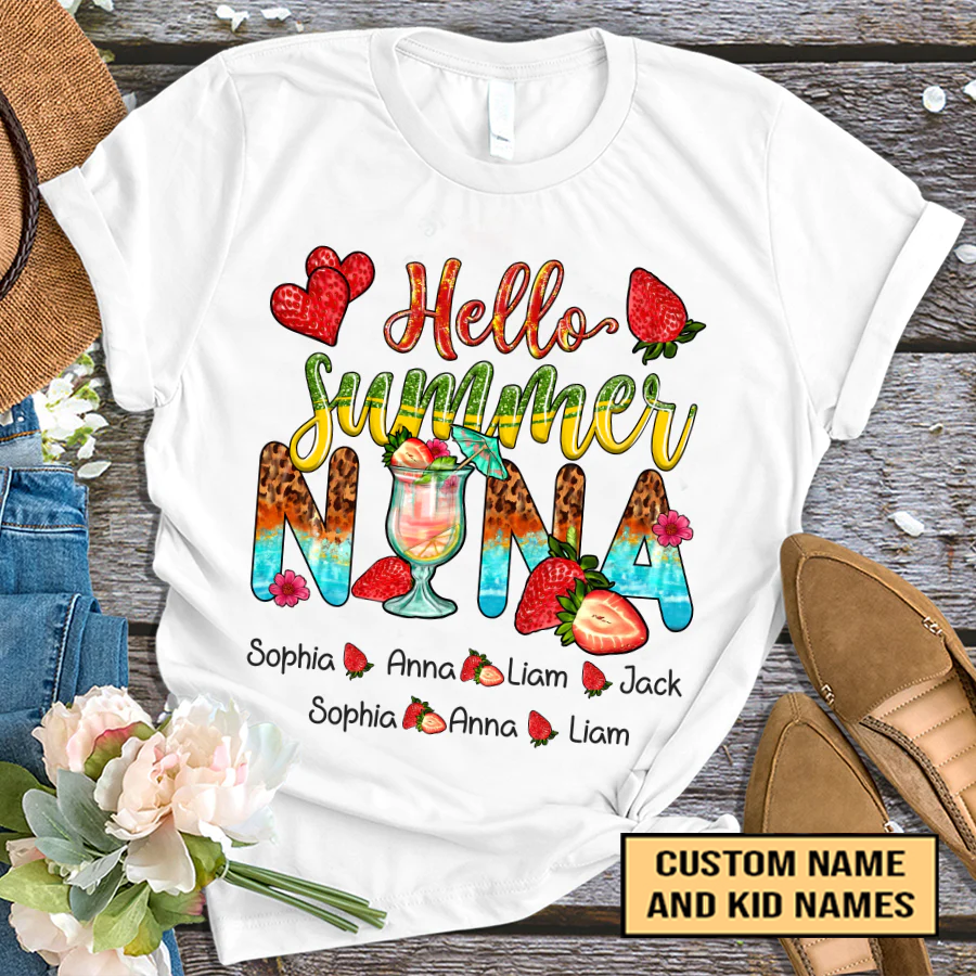 Nana And Kids Custom Name T-Shirt, Mother's Day Personalized T-Shirt, Hello Summer Strawberry Custom T-Shirt - Gift For Granma, Mimi, Nana, Grammy