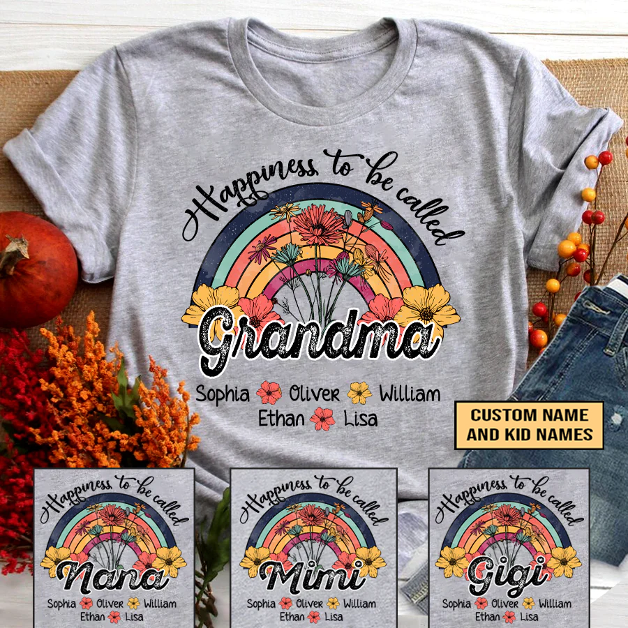 Grandma And Grandkids Custom Name T-Shirt, Vintage Flower Happiness To Be Called Custom T-Shirt, Mother's Day Personalized T-Shirt - Gift For Granma