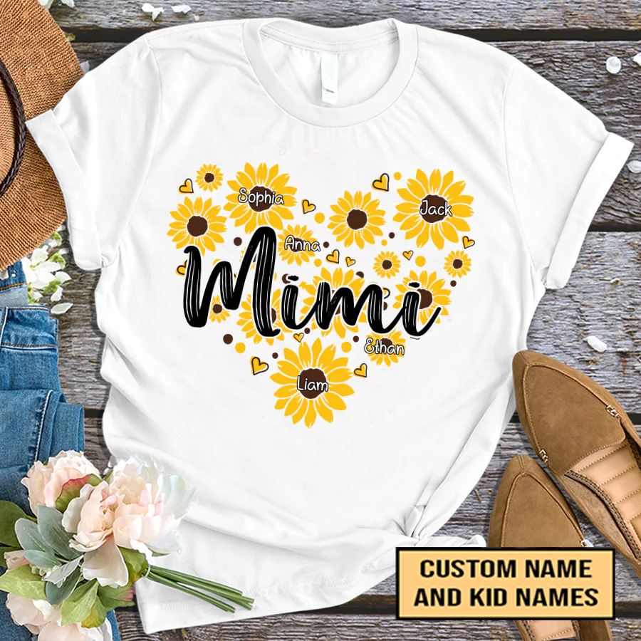 Sunflower Hearts Mimi And Kids Custom Name T-Shirt, Mother's Day Personalized T-Shirt, Sunflower Custom T-Shirt - Gift For Mimi, Nana, Grammy, Grandma