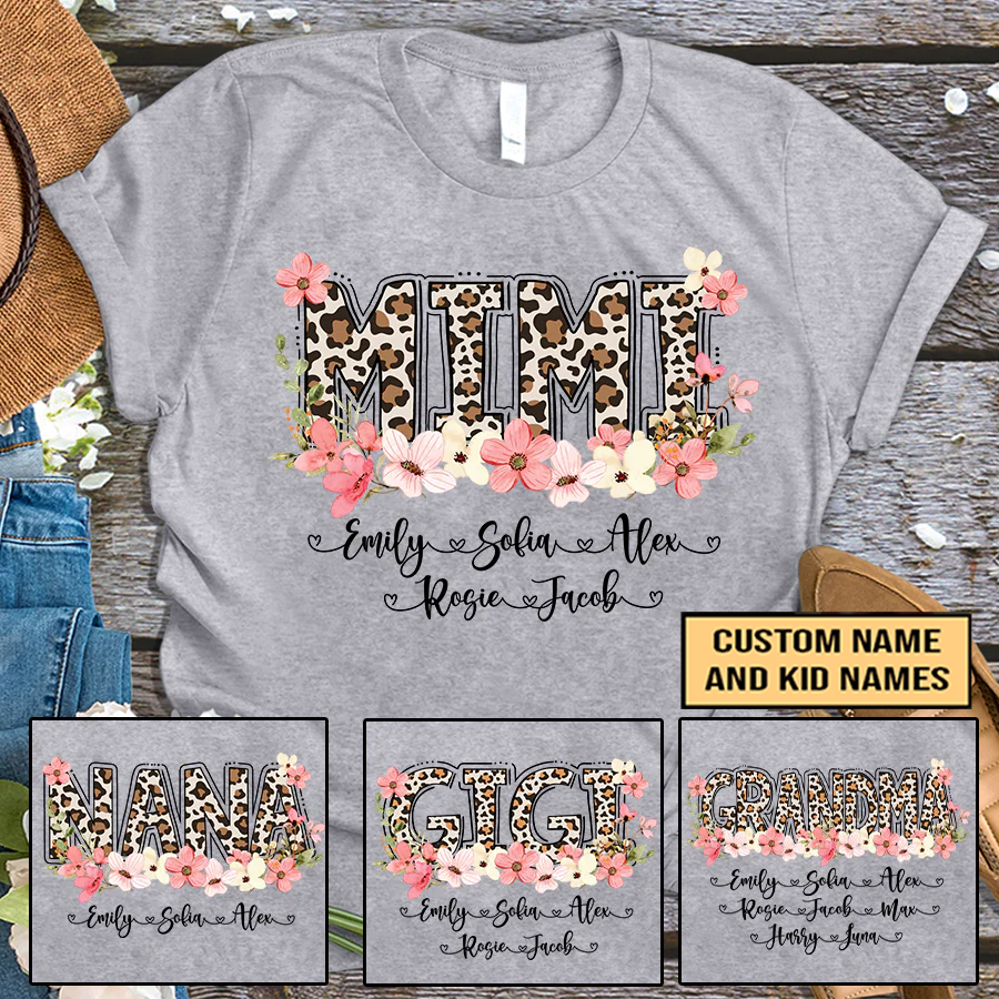 Leopard Floral Mimi With Grandkid Custom Name T-Shirt, Mother's Day Personalized T-Shirt, Love Grandma T-Shirt  - Gift For Granma, Mimi, Nana, Grammy