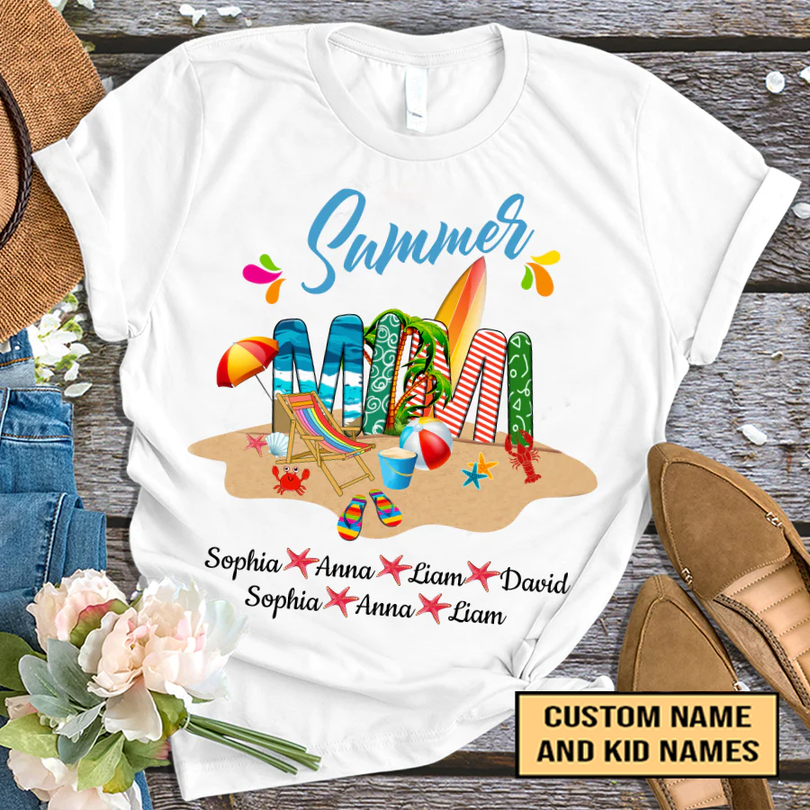 Mimi And Kids Custom Name T-Shirt, Mother's Day Personalized T-Shirt, Beach Summer Custom T-Shirt - Gift For Mimi, Nana, Grammy, Grandma