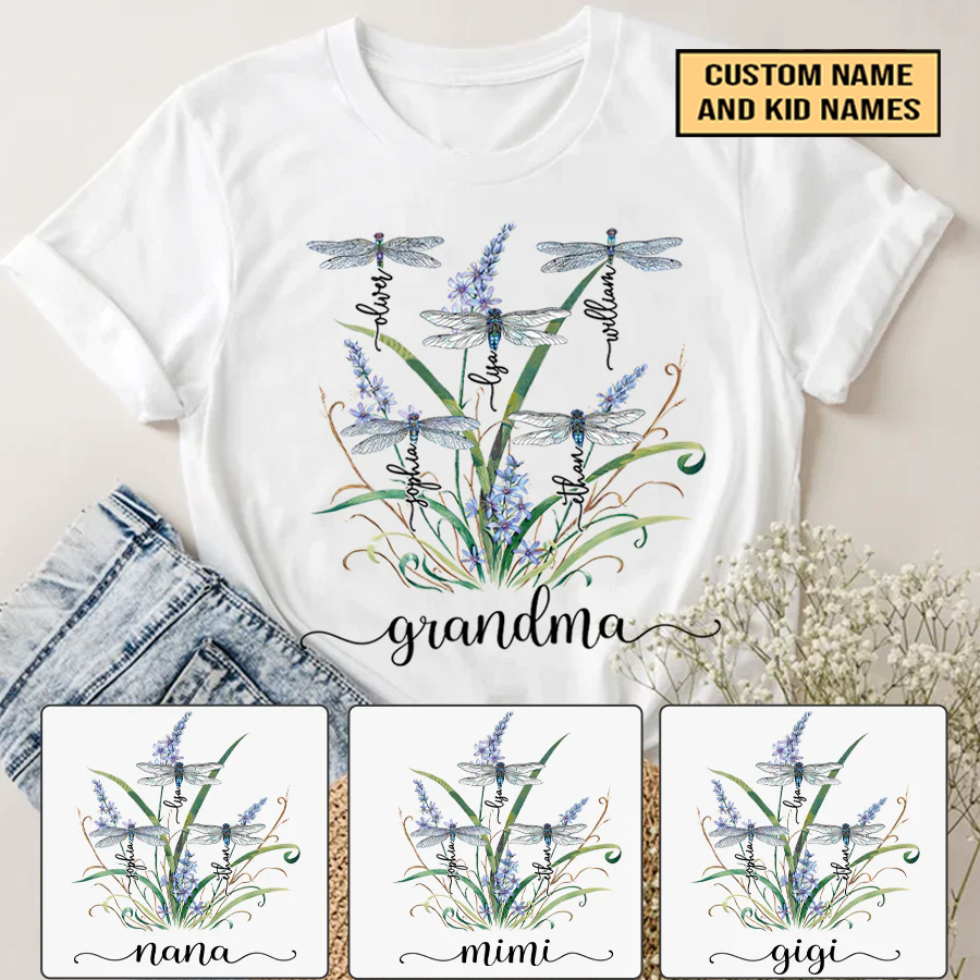 Grandma And GrandKids Custom Name T-Shirt, Mother's Day Personalized T-Shirt, Dragonfly Painting Custom T-Shirt - Gift For Granma, Mimi, Nana, Grammy