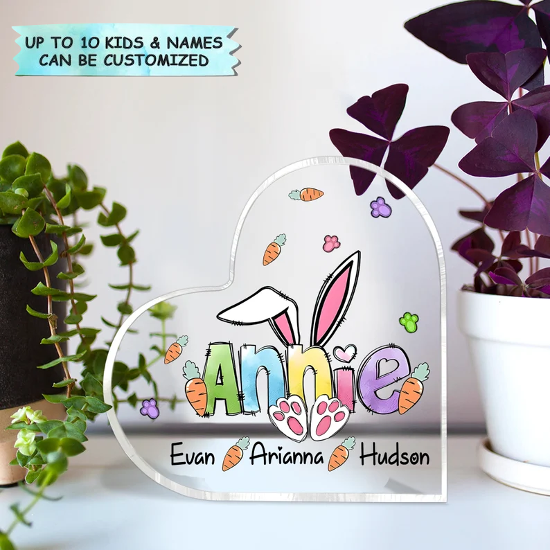 Mother's Day Bunny Nana Peeps Heart Shaped Acrylic Plaque, Custom Names Heart Shaped Acrylic, Personalized Gift For Grandma, Mimi, Nana, Grandmy