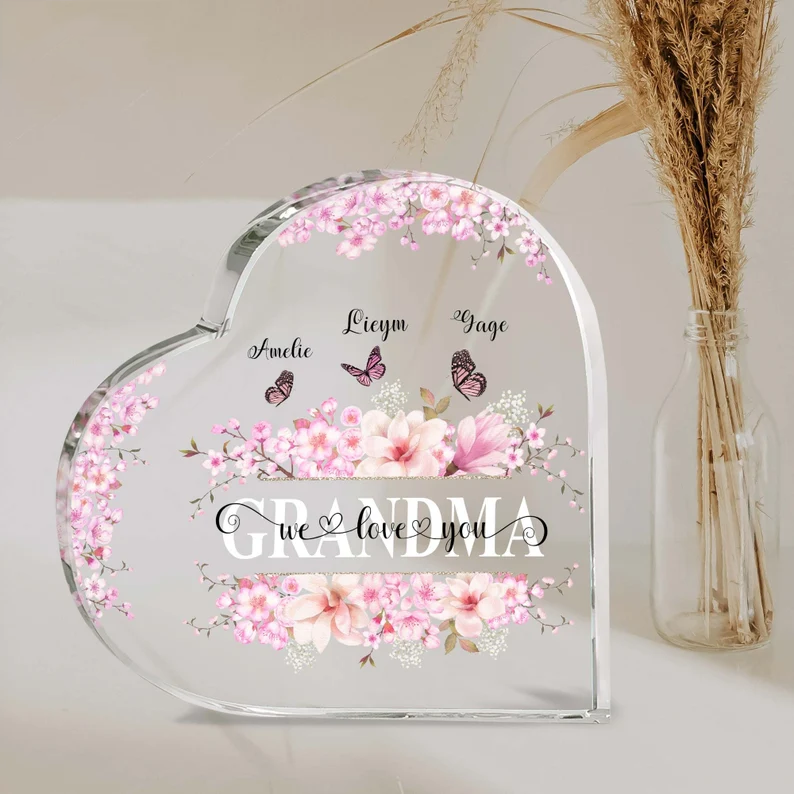 Mother's Day Grandma Heart Shaped Acrylic Plaque, Custom Names And Kidnames Heart Shaped Acrylic, Personalized Gift For Grandma, Mimi, Nana, Gigi