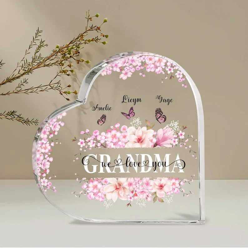 Mother's Day Grandma Heart Shaped Acrylic Plaque, Custom Names And Kidnames Heart Shaped Acrylic, Personalized Gift For Grandma, Mimi, Nana, Gigi