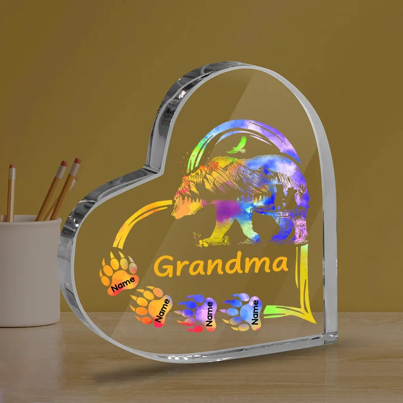 Mother's Day Grandma Bear With Colorful Paws Heart Shaped Acrylic Plaque, Custom Names Heart Shaped Acrylic, Personalized Gift For Grandma, Mimi, Nana