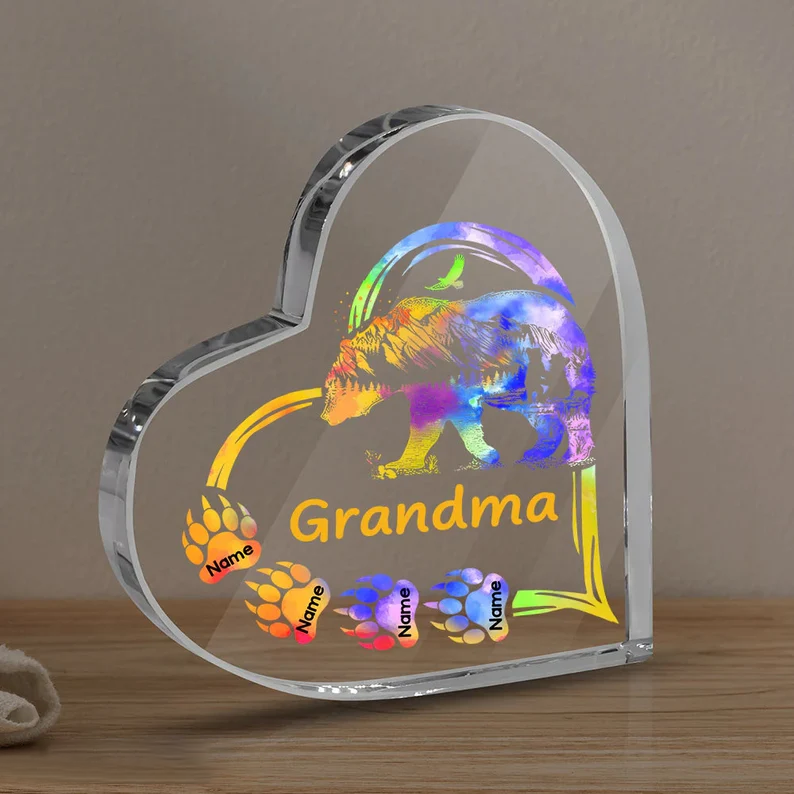 Mother's Day Grandma Bear With Colorful Paws Heart Shaped Acrylic Plaque, Custom Names Heart Shaped Acrylic, Personalized Gift For Grandma, Mimi, Nana