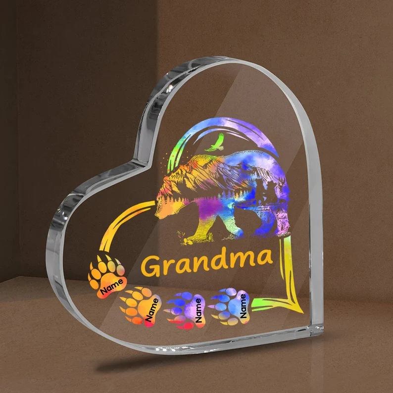 Mother's Day Grandma Bear With Colorful Paws Heart Shaped Acrylic Plaque, Custom Names Heart Shaped Acrylic, Personalized Gift For Grandma, Mimi, Nana